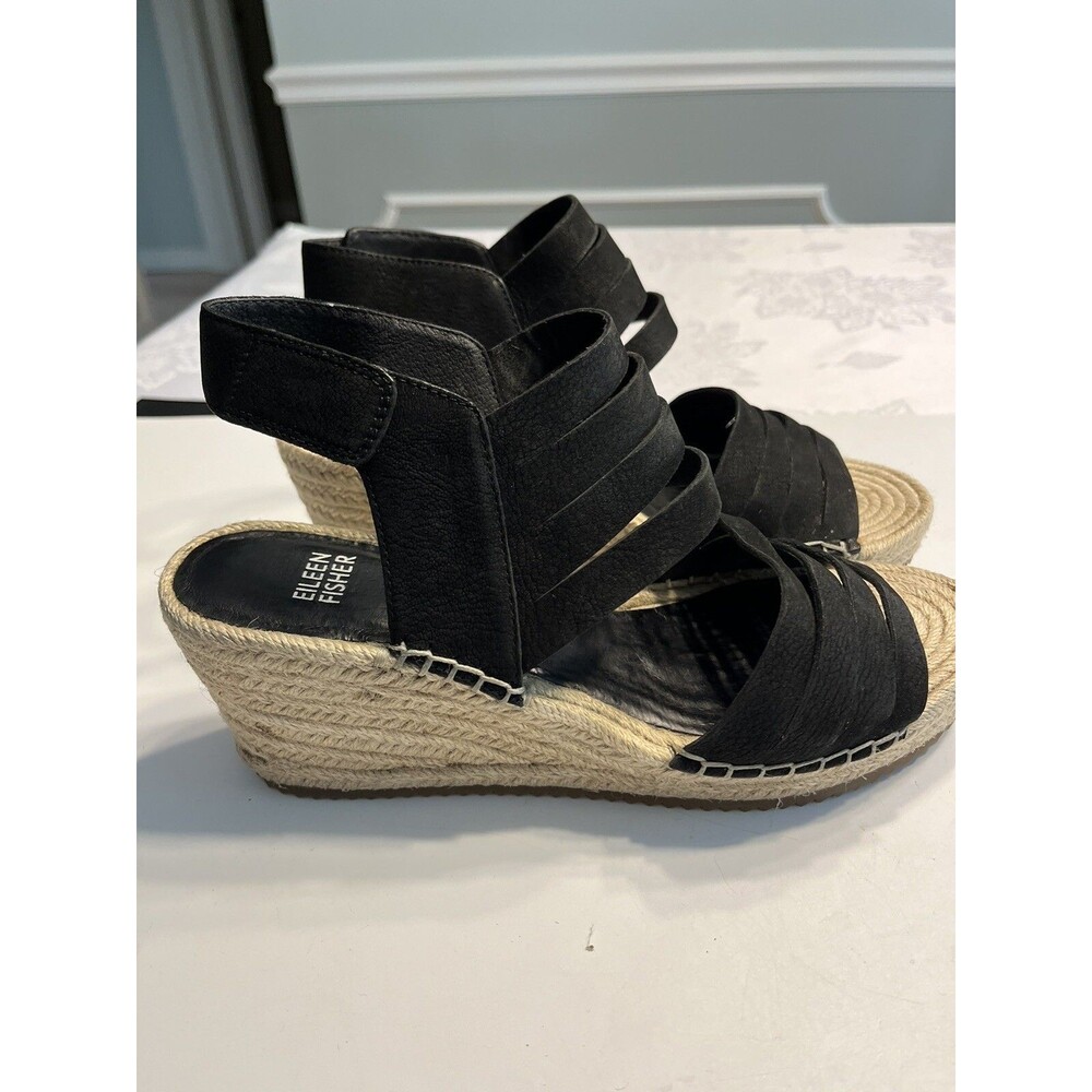 Eileen Fisher Largo Espadrille Natural & Black Wedge Sandal Shoes 8.5